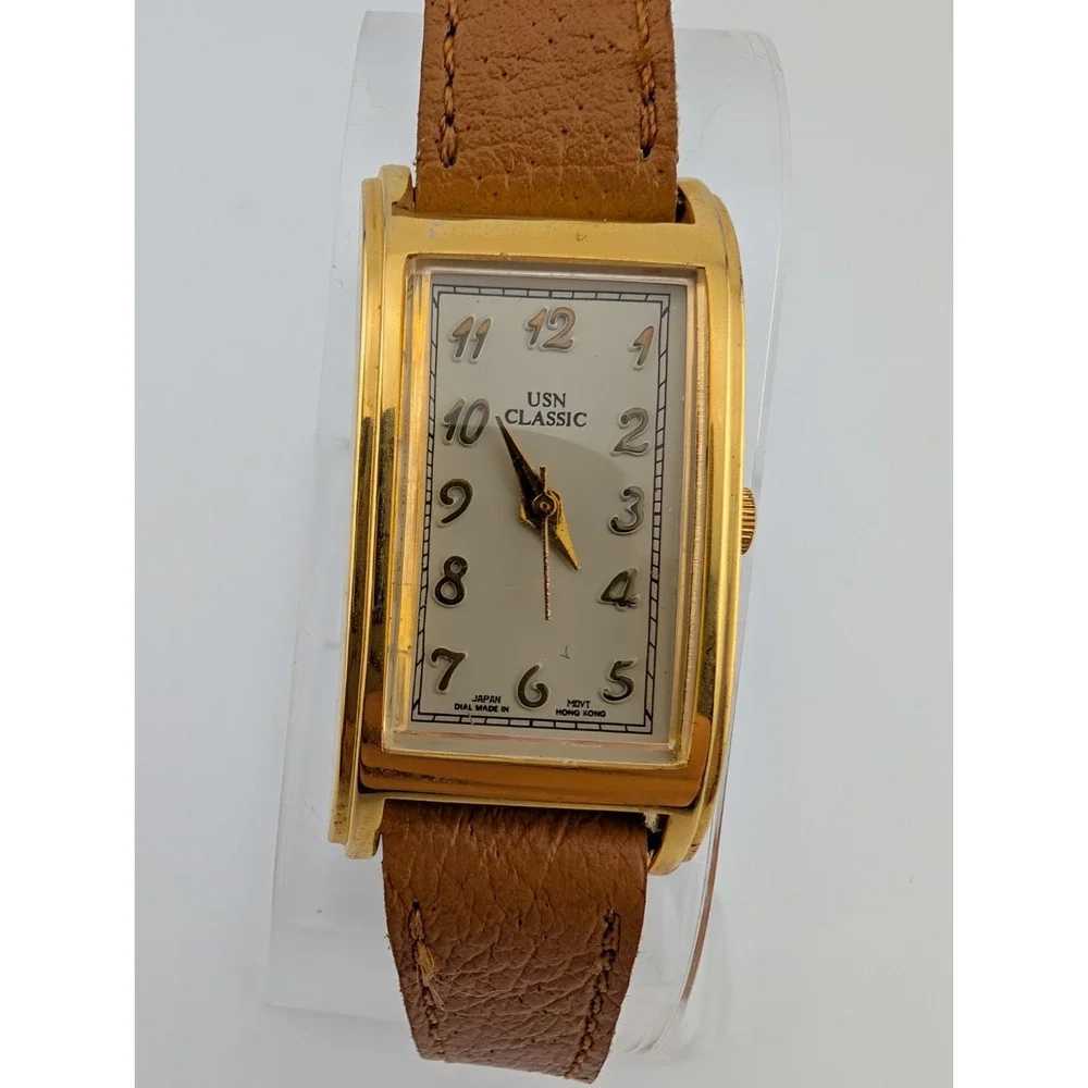 Vintage USN Classic Tank Watch Women 20mm Gold Case Leather Band- New‎ Battery